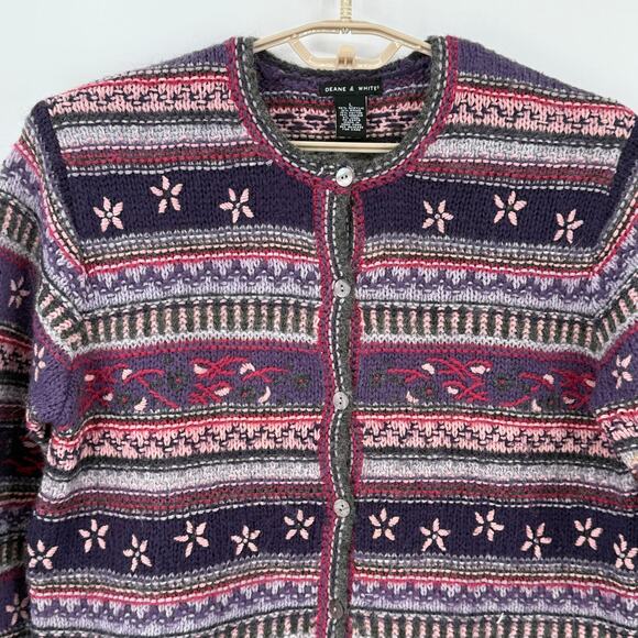 Deane & White Vintage Snowflake Cardigan Sweater Purple Pink Fair Isle  Large - Picture 4 of 6